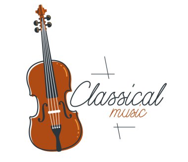 Klasik müzik amblemi veya logo vektörü düz stil illüstrasyonu izole edilmiş, etiket veya festival veya müzik orkestrası için çello logosu.
