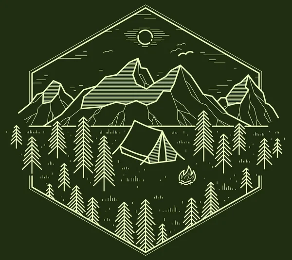 Tienda Campaña Cordillera Bosque Pinos Emblema Lineal Oscuridad Vacaciones Vacaciones — Vector de stock