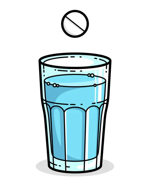 Brännande Piller Faller Glas Vatten Vektor Illustration Isolerad Vitt Medikament — Stock vektor