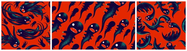 Monstruos Terror Espeluznante Conjunto Patrones Textiles Vectoriales Bestias Criaturas Papel — Vector de stock