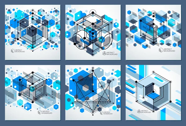 机械设计 蓝色矢量工程图集3D立方体和几何元素 蜂窝式工程技术壁纸 — 图库矢量图片