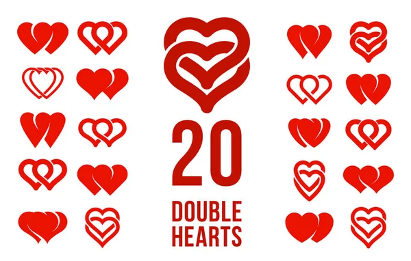 Doble Dos Corazones Vector Iconos Logotipos Conjunto Boda Pareja Concepto — Vector de stock