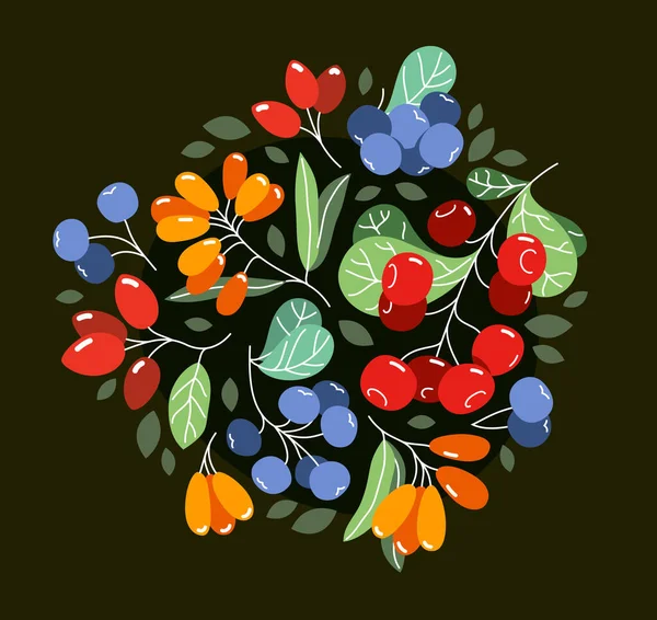 Дикие Ягоды Свежие Спелые Вкусные Здоровые Пищевые Векторные Плоские Иллюстрации — стоковый вектор