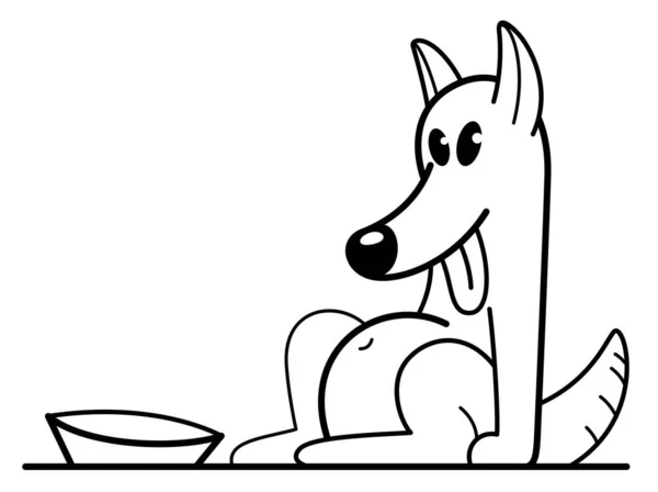 Lustige Cartoon Hund Sitzt Der Nähe Seiner Schüssel Gesättigt Und — Stockvektor