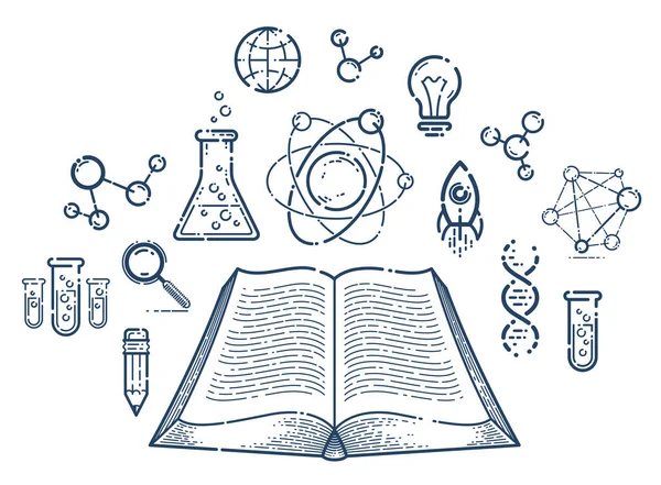 Scientific Literature Concept Vector Linear Icon Open Book Different Science — Stock Vector