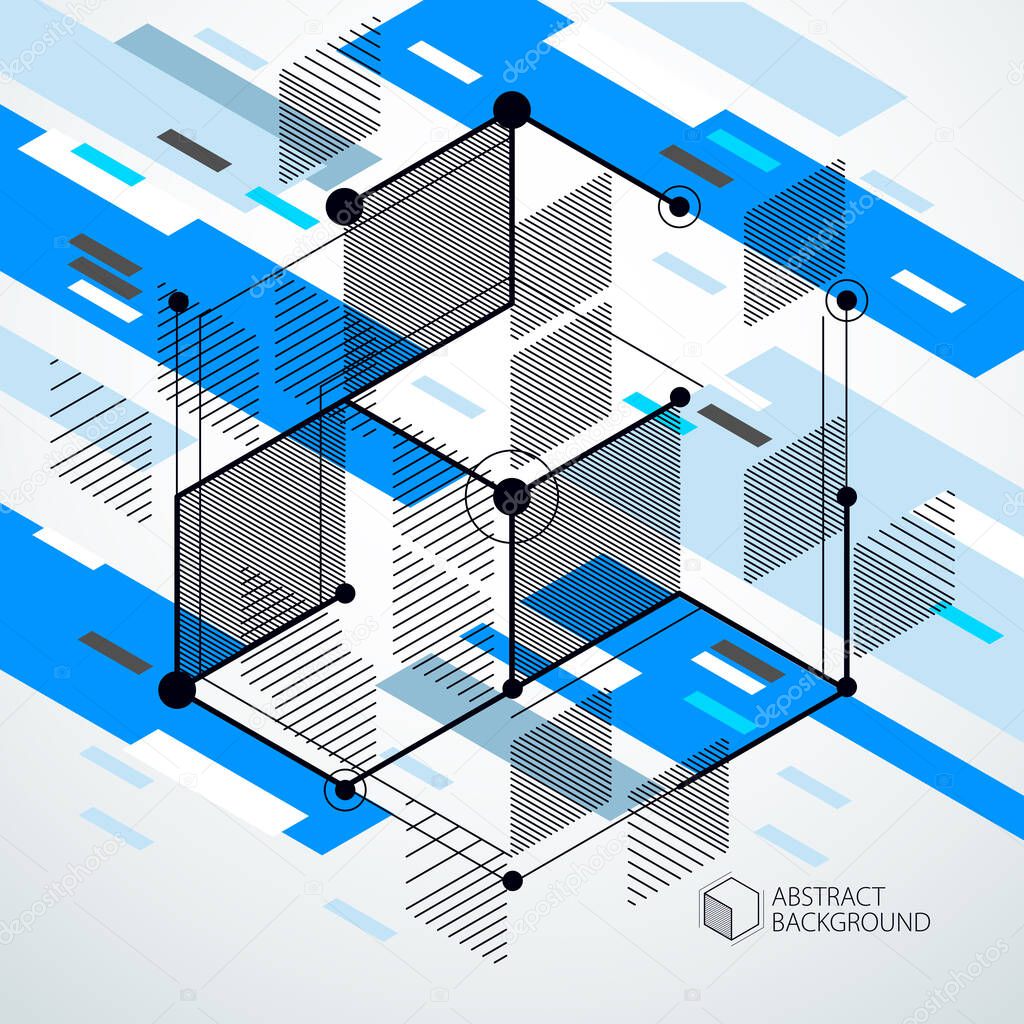 Vector of abstract geometric 3D cube pattern and blue background. Layout of cubes, hexagons, squares, rectangles and different abstract elements.