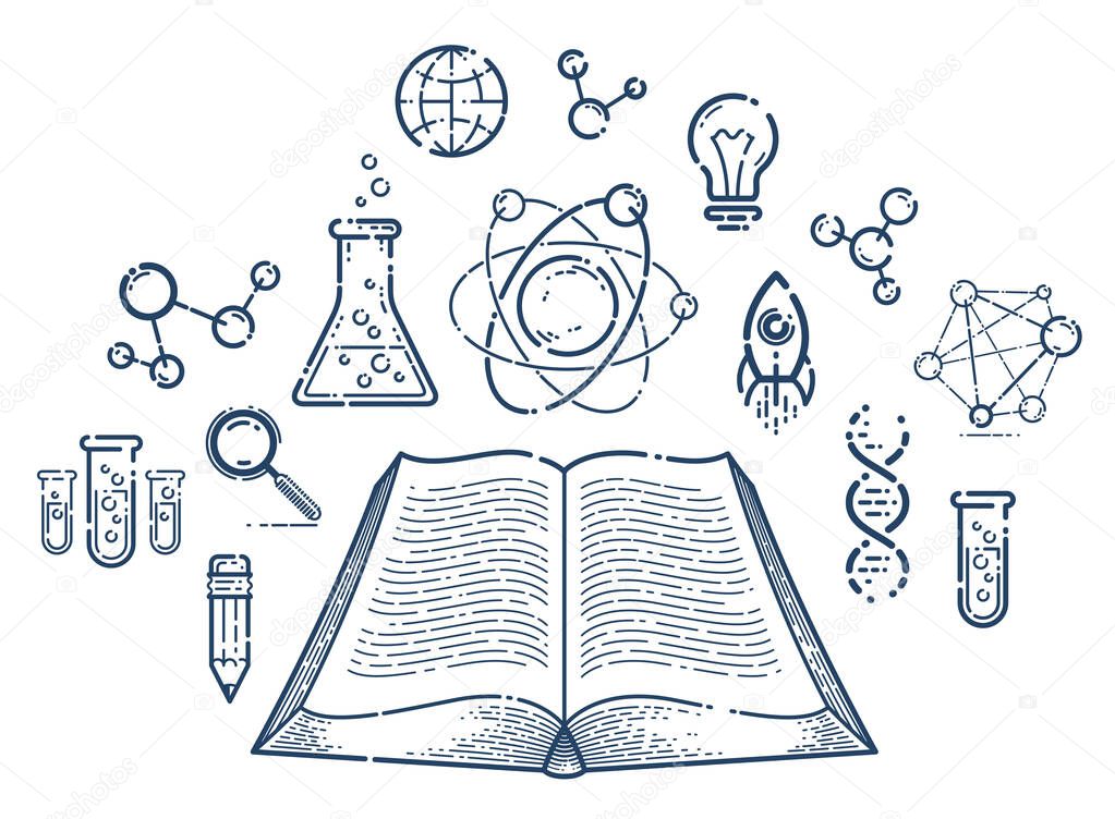 Scientific literature concept vector linear icon,, open book with different science icons and symbols, education and research.