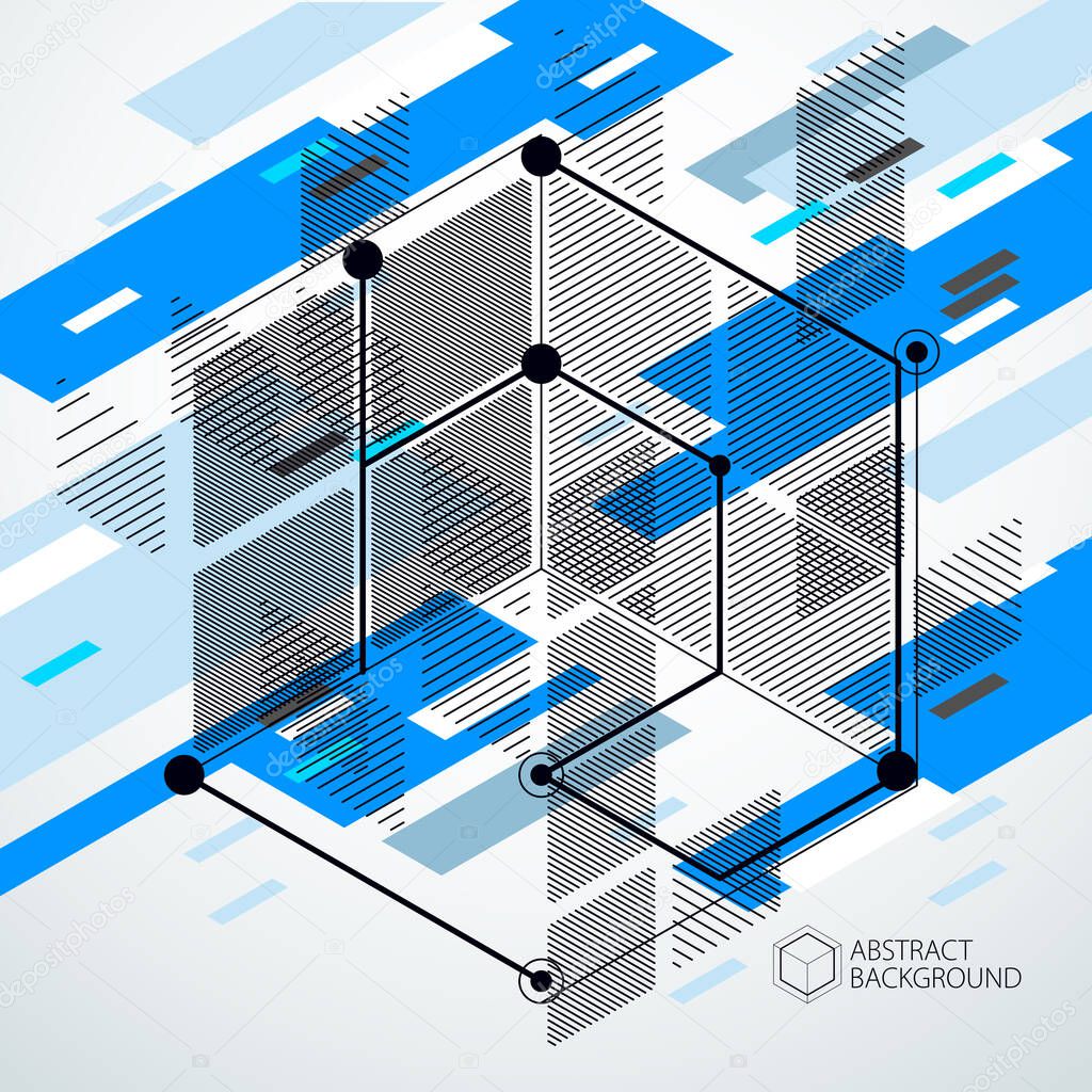 Vector of abstract geometric 3D cube pattern and blue background. Layout of cubes, hexagons, squares, rectangles and different abstract elements.