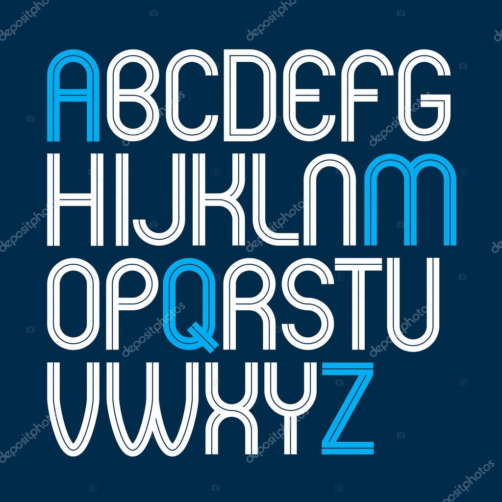 Vector upper case rounded alphabet letters made with white lines, best for use in logotype design in telecommunication theme