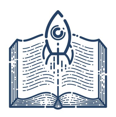 Roket vektör doğrusal simgesi başlatılan kitabı aç, füze metinden başlatılır, uzay bilimsel edebiyat kütüphanesi resim satırı sembolü veya logo.