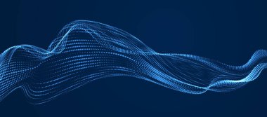 Karanlık arkaplanda akan parçacık dizisi, dinamik ses dalgası. 3d vektör illüstrasyonu. Parlak parlak noktalar, güzel rahatlatıcı duvar kağıdı çizimleri..