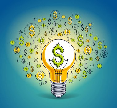 Parlak ampul ve dolar simgeleri, iş fikri yaratıcı kavram, e-ticaret alegorisi, internet işi, pazar yeri veya çevrimiçi dükkan, vektör illüstrasyonu.