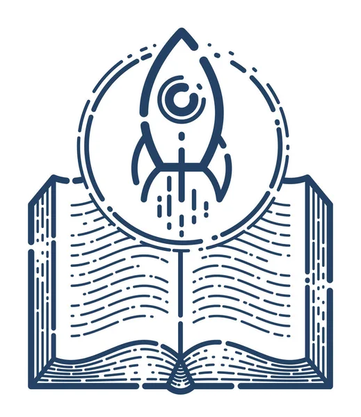Otevřená Kniha Raketovou Vektorovou Lineární Ikonou Startem Rakety Textu Prostorem — Stockový vektor