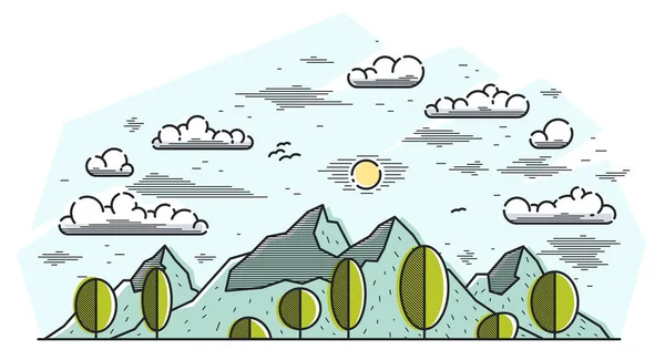 Picos Montaña Pino Línea Del Bosque Arte Vector Ilustración Aislado — Vector de stock