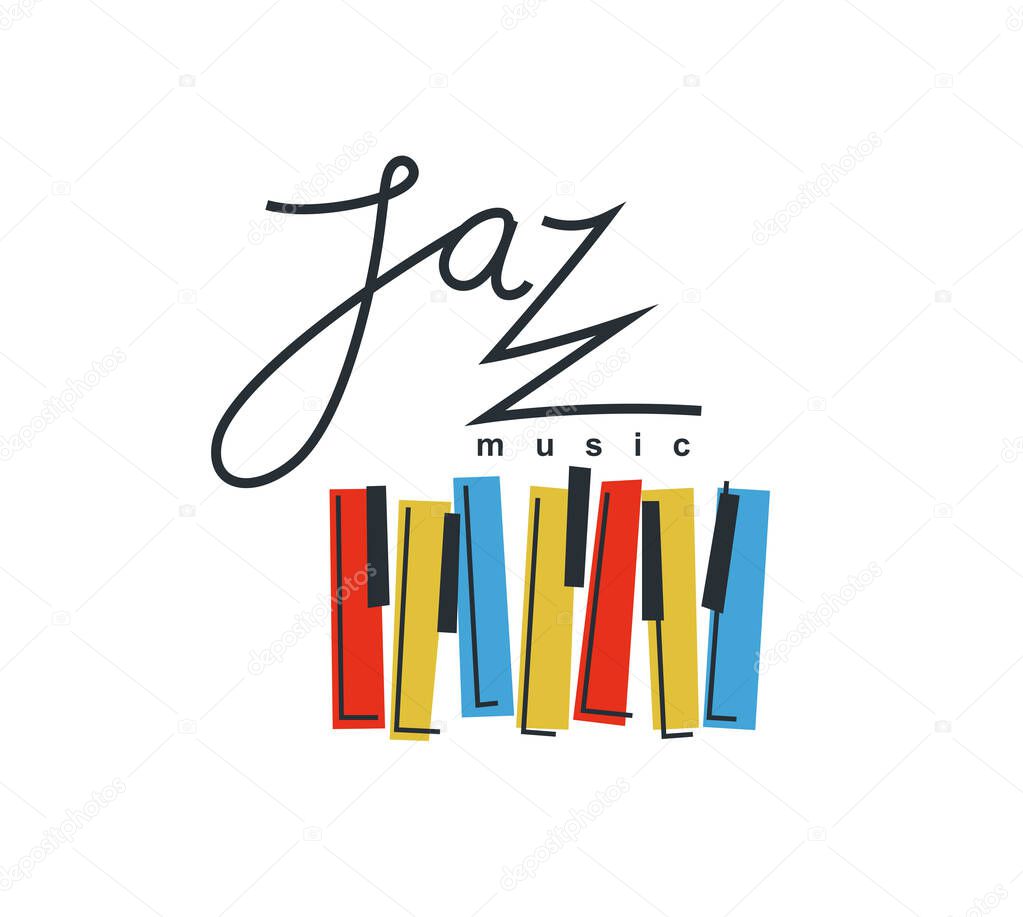 Jazz music emblem or logo vector flat style illustration isolated, grand piano logotype for recording label or studio or musical band.