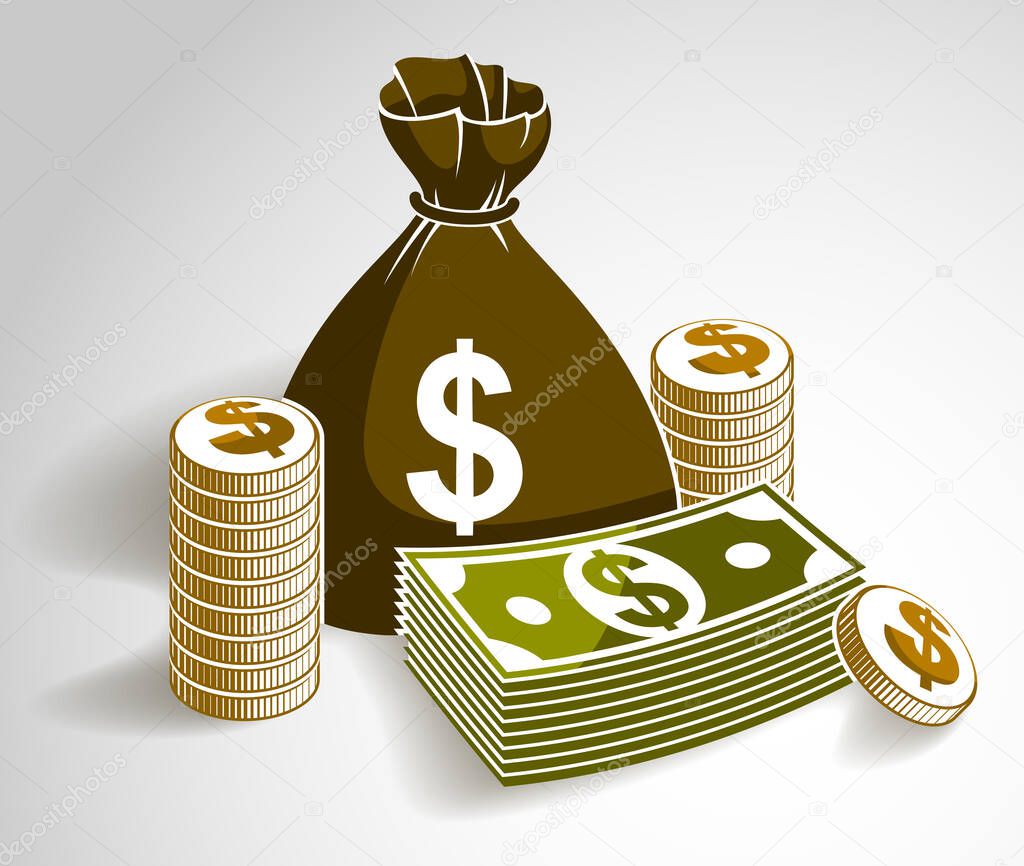 Cash money still-life with moneybag bag coins and banknote dollar stack, classic style vector illustration.