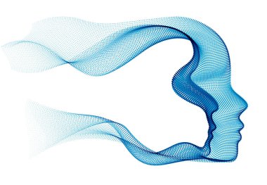 Makinenin dijital yazılım ruhu, teknokrat zaman evrimi ruhu, noktalı parçacık akış dizisinden yapılmış insan kafa vektör çizimi fikri.