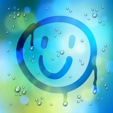 Cute smiley drawn on a window over blurred background and water rain drops, vector realistic illustration, happy when its rainy weather beautiful art. clipart