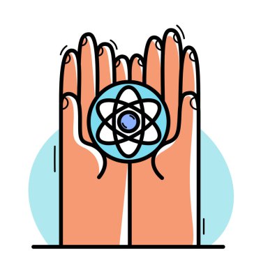 Atom ikonuna sahip iki el, beyaz üzerine izole edilmiş, bilim ve araştırma kavramına değer veren, barış için nükleer atomu koruyan ve gösteren düz stil illüstrasyonunu gösteriyor..