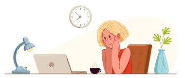 Genç bayan ofis çalışanı bir günlük vektör düz çizim sırasında kahve molası veriyor, izole edilmiş, dinlenmiş izleme monitörü çalışanı, iş tamam, iş tamam, tembel.