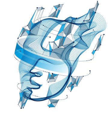 Makinenin dijital yazılım ruhu, teknokrat zaman evrimi ruhu, noktalı parçacık akış dizisinden yapılmış insan kafa vektör çizimi fikri.