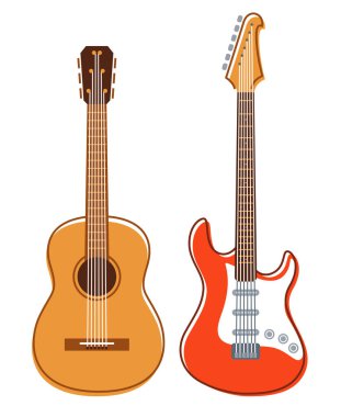 Elektronik ve akustik gitar vektörü düz çizimler beyaz üzerine izole edilmiş, enstrüman mağazası.