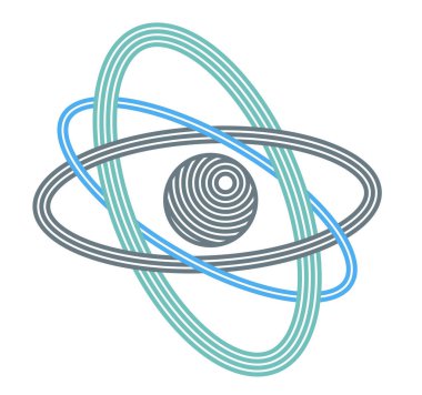 Beyaz, bilim simgesi veya temel parçacık logosu üzerinde izole edilmiş modern doğrusal tarzda atom vektörü sembolü, fizik eğitimi teması.