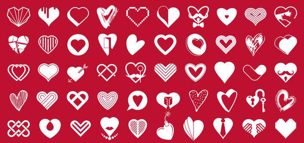 Collection of hearts vector logos or icons set, heart shapes of different styles and concepts symbols, love and care, health and cardiology, geometric and low poly.