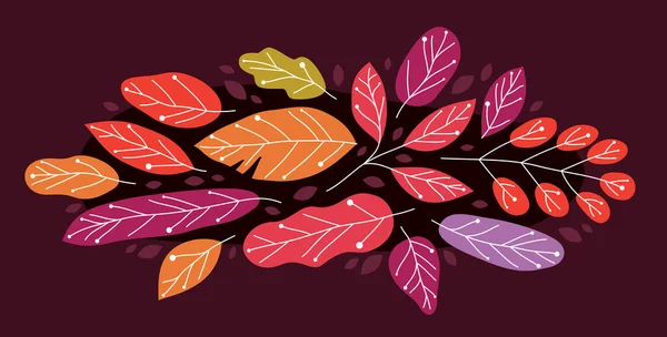 黄红相间的秋天叶色美丽 自然矢量平面画在深色的背景上 秋天树叶画的构图 — 图库矢量图片