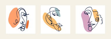 Soyut yüz kız vektör portresi seti, soyut sanat kadın kafası, el çizimi minimal modern sanat eseri, insan yüzü soyutlaması.