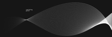Pürüzsüz ve rahatlatıcı şekil vektörü soyut arkaplan siyah üzerinde akan parçacık dalgası, hareket halindeki eğri çizgiler, sakin ve yumuşak resim çizgileri.