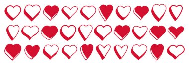 3 boyutlu kalp vektör simgeleri veya logoları, Sevgililer Günü 'nde hediye kutuları, kalp şeklinde düğmeler, grafik tasarım elemanları koleksiyonu.