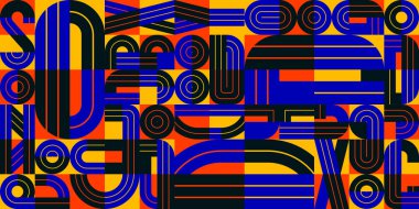 Geometrik elementlere sahip kusursuz desen vektör trend tasarımı, renkli tipografi parçaları kaplama arkaplan, soyut kompozisyon.