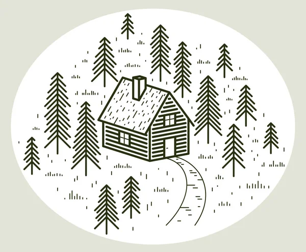 Cabin Woods Pine Forest Linear Vector Nature Illustration Isolated White — Stock Vector