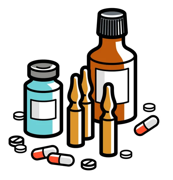 Lékárna Téma Lékařské Láhve Pilulky Ampule Vektorové Ilustrace Izolované Léky — Stockový vektor