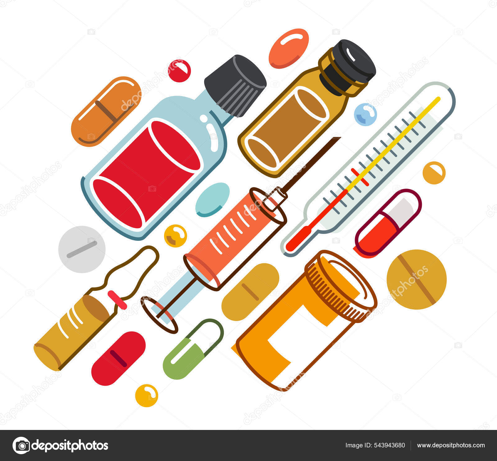 Medicamentos Dos Desenhos Animados. Diferentes Pílulas E Garrafas