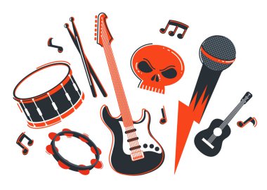 Rock müzik grubu vektör düz illüstrasyon beyaz zemin üzerinde izole edilmiş, hard rock ve heavy metal canlı müzik festivali veya konser, rock n roll müzik grubu, gece kulübü partisi.