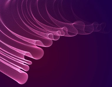 3 boyutlu sihirli parçacıklar karanlık, ses dalgaları akışı, rüzgardaki şeffaf tül tekstil dizileri. Yuvarlak nokta vektör etkisi çizimi. Harmanlanmış ağ, rahatlatıcı duvar kağıdı..