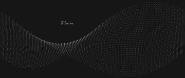 Hareket vektöründeki gri noktalar siyah üzerine soyut arkaplan, parçacıklar dalgalı akış dizisi, hareket, teknoloji ve bilimsel illüstrasyondaki eğri çizgiler.