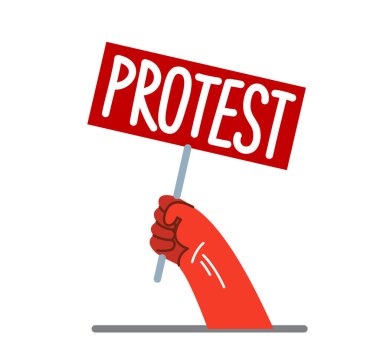 Beyaz, sosyal öfke ve siyasi devrim kavramında izole edilmiş, protestolu vektör düz çizim gösteren pankartla el kaldırıldı.