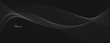 Koyu gri hava parçacıkları akış vektör tasarımı, dalgalı noktalar dizisi ile soyut arkaplan, dijital fütüristik çizim, nano teknoloji teması.