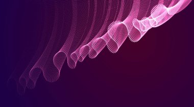 Dinamik sihirli dalga şeffaf tül tekstil rüzgar üzerinde karanlık, parçacıklar akışı, hareket etkisi. Vektör soyut arka plan. 3d şekil nokta karışık örgü, rahatlatıcı yatıştırıcı duvar kağıdı.