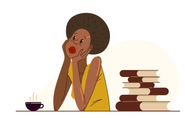 Genç Afrikalı etnik kökenli kadın ofis çalışanı bir günlük vektör çizimi sırasında kahve molası veriyor izole, dinlenme çalışanı, iş tamam, iş tamam, tembel.