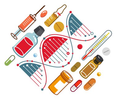 Pek çok farklı uyuşturucu ve ilaç vektörü illüstrasyonuna sahip DNA iplikçikli tıbbi tema bileşimi izole edilmiş, eczane veya tıbbi biyoteknoloji bilimsel araştırmaları.