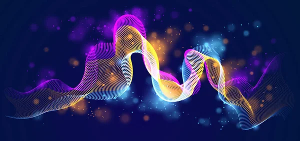 Particles Mesh Array Sound Wave Flowing Dark Background Shining Points — Stock Vector