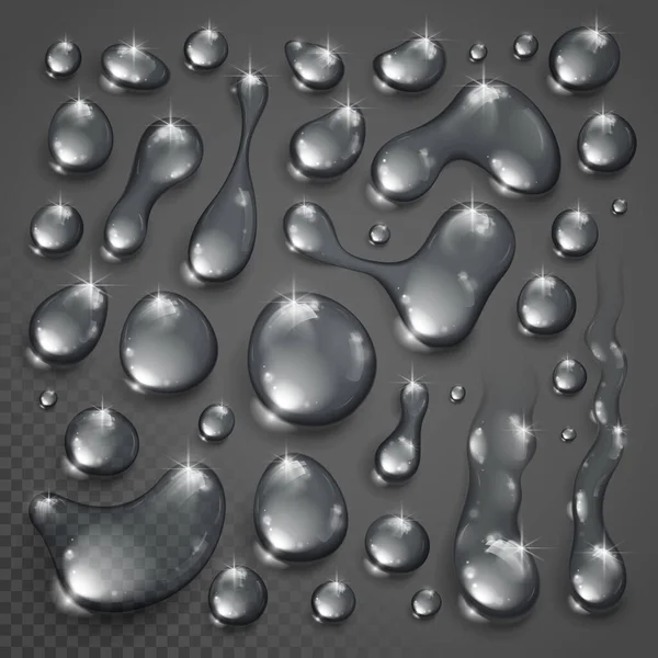 水滴集矢量为现实3D元素 透明露珠凝结滴在透明格子网上 准备覆盖深色背景 — 图库矢量图片