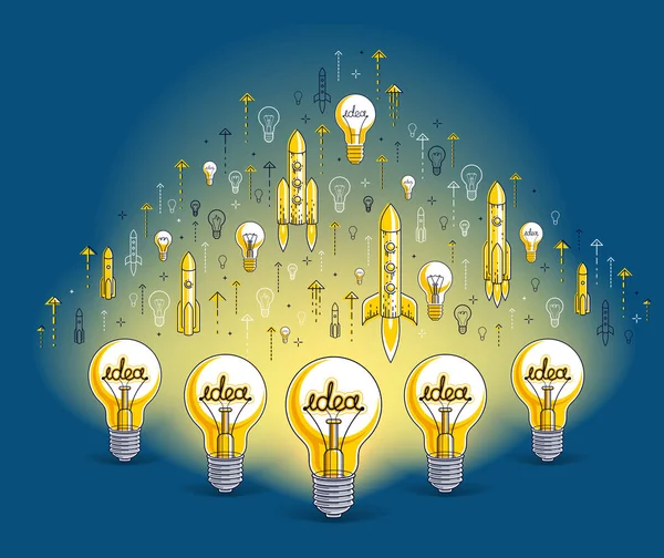 Gruppe Leuchtender Glühbirnen Und Raketen Startup Ideen Teamwork Kreatives Business — Stockvektor