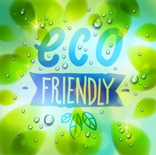 Ekologiczne Słowa Narysowane Oknie Świeże Zielone Liście Krople Deszczu Wody — Wektor stockowy