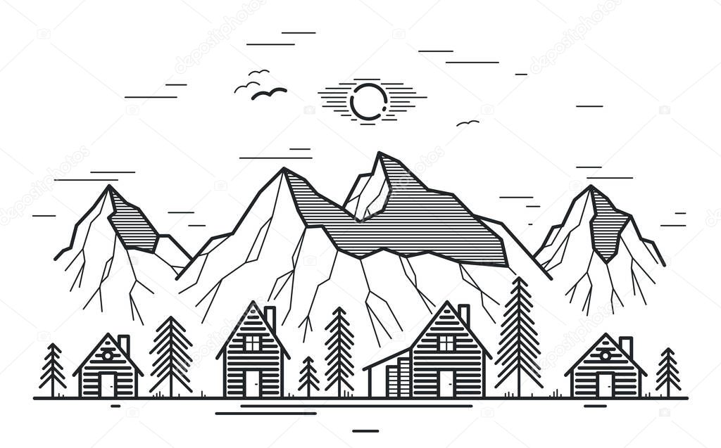 Rural village in mountains range linear vector illustration isolated on white, wooden houses in trees forest line art drawing, countryside log cabins cottages, travel in wilderness for rest.