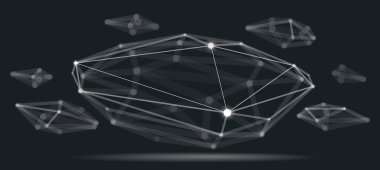 Boyutsal kafes ağ vektörü soyutlaması, 3D çokgen tasarım soyut şekil, çizgiler ve noktalarla teknolojik ve bilimsel dijital tarz dinamik bağlantılar, gerçekçi alan etkisi derinliği.